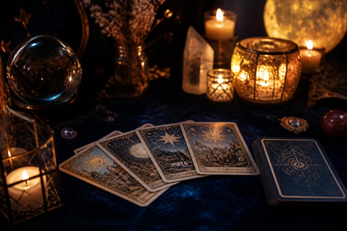 Tarot cards and candlelight for an online psychic reading