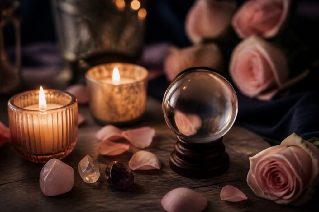 Candles and rose petals for a love psychic reading atmosphere