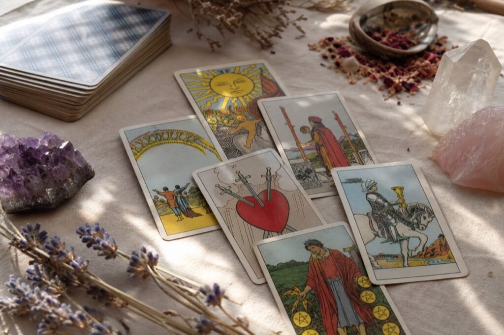 Tarot cards on linen cloth for an online tarot reading