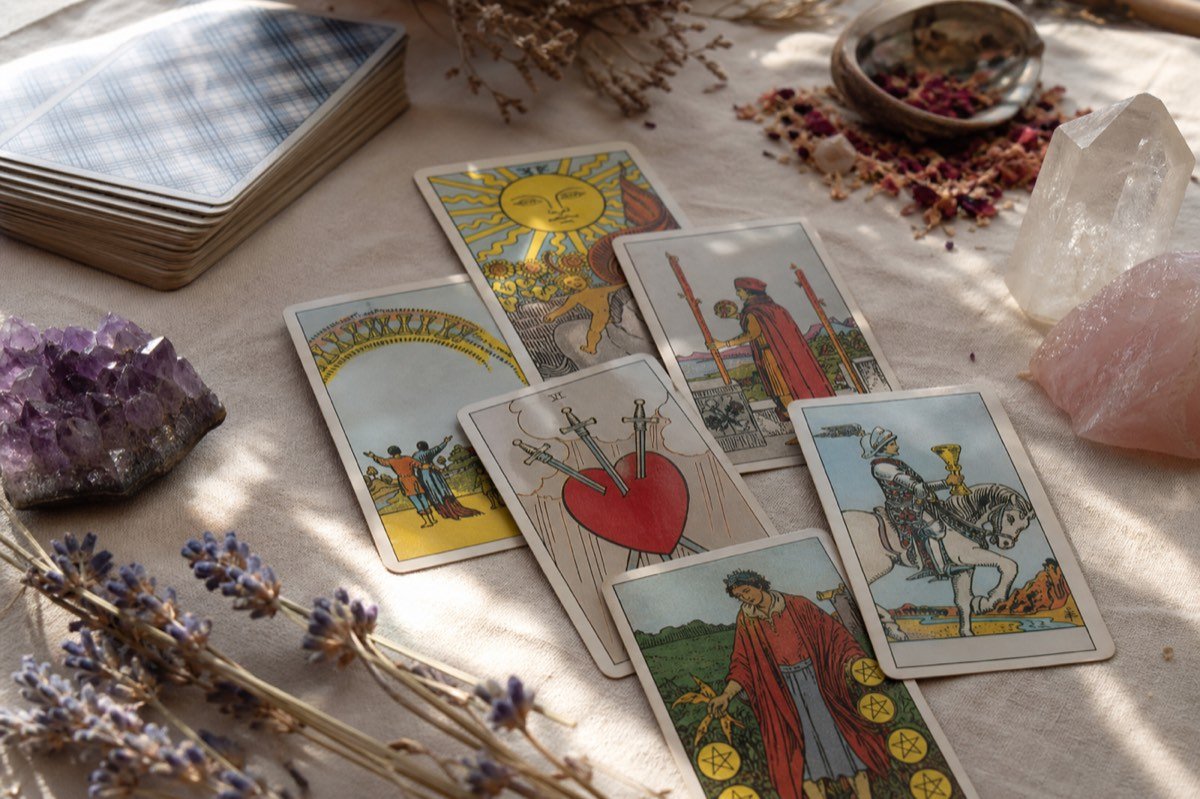 Tarot cards on linen cloth for an online tarot reading