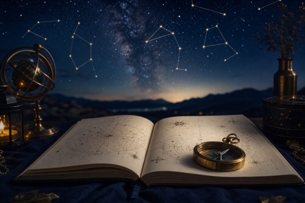 Night sky and notebook for astrology readings